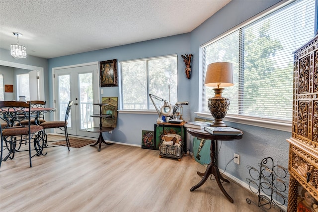 sitting room featuring french doors, light hardwood / wood-style flooring, and a textured ceiling