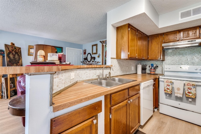 kitchen with sink, decorative backsplash, kitchen peninsula, white appliances, and light hardwood / wood-style flooring