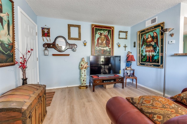 living room with a textured ceiling and light hardwood / wood-style flooring