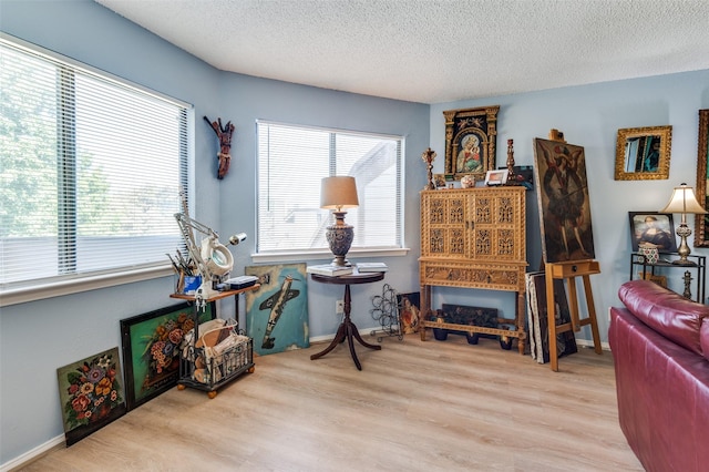 sitting room with a textured ceiling and light hardwood / wood-style floors