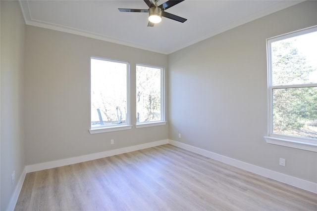 spare room featuring ceiling fan, light hardwood / wood-style floors, and ornamental molding