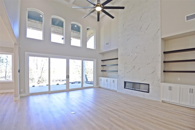 kitchen featuring white cabinets, a center island with sink, light wood-type flooring, a fireplace, and appliances with stainless steel finishes