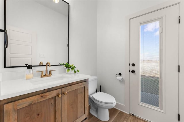 bathroom with vanity, wood-type flooring, and toilet