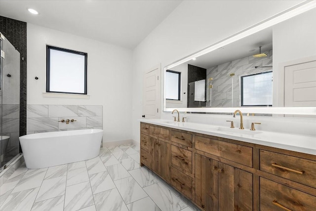 bathroom with vanity and separate shower and tub