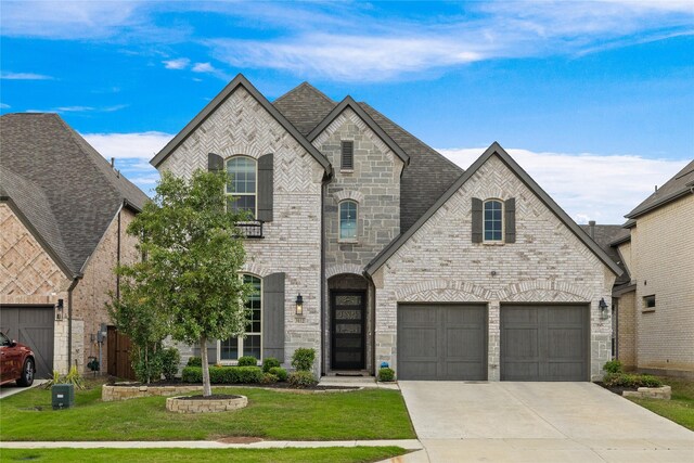 french country inspired facade featuring a garage and a front lawn