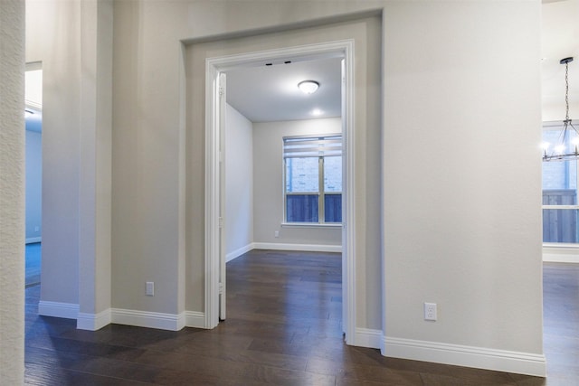 hall with a chandelier and dark wood-type flooring