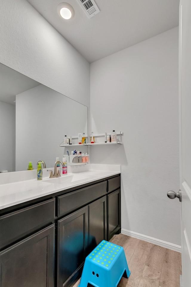 bathroom with vanity and hardwood / wood-style flooring