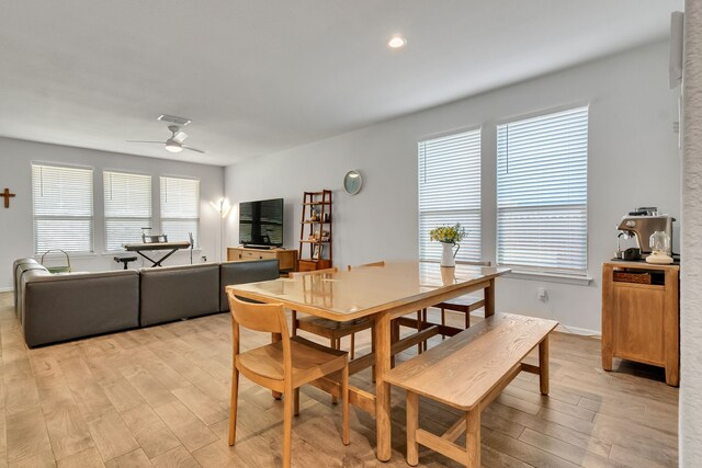 dining room with light hardwood / wood-style flooring, ceiling fan, and a healthy amount of sunlight