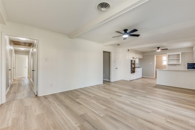 unfurnished living room featuring beamed ceiling, light hardwood / wood-style floors, ceiling fan, and crown molding