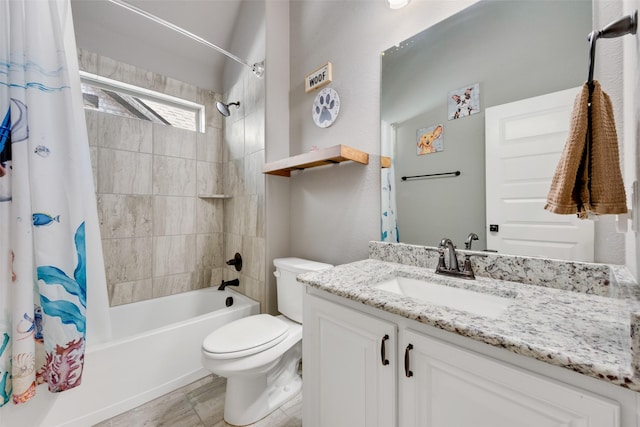 full bathroom with toilet, shower / bath combo, and vanity