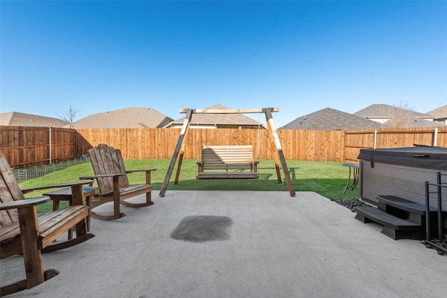 view of patio featuring a hot tub