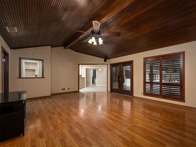 unfurnished living room featuring ceiling fan, french doors, wooden ceiling, lofted ceiling with beams, and light hardwood / wood-style floors