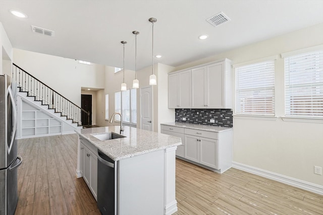 kitchen with white cabinetry, sink, stainless steel appliances, and a center island with sink