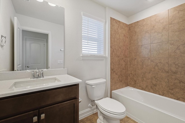 full bathroom featuring shower / tub combination, tile patterned flooring, vanity, and toilet