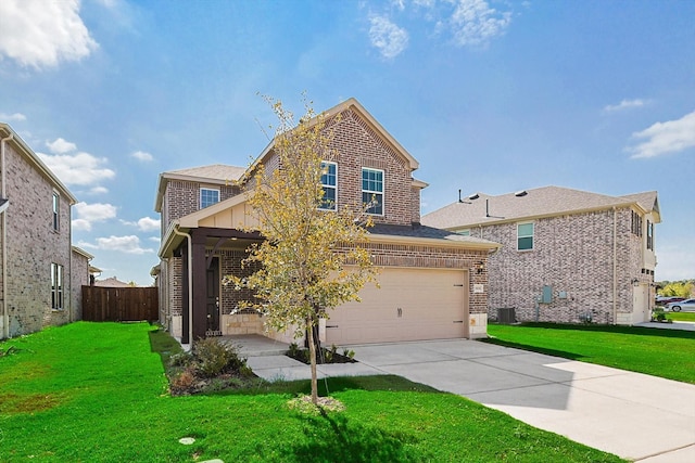 view of front of property featuring central AC unit, a front yard, and a garage