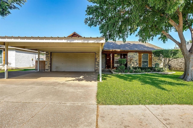 ranch-style home with a front lawn, a garage, and a carport