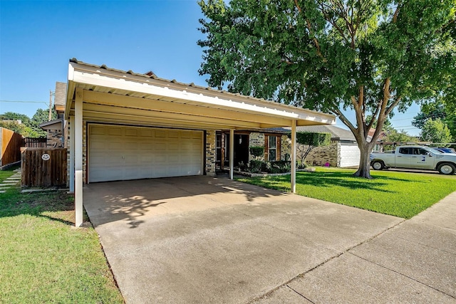 single story home with a front yard and a carport