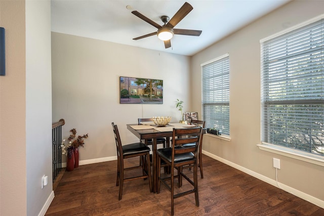 dining room featuring dark wood-type flooring and ceiling fan