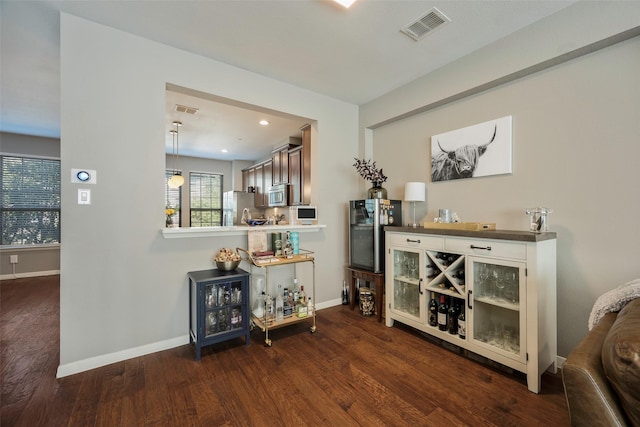 bar featuring dark wood-type flooring and stainless steel appliances