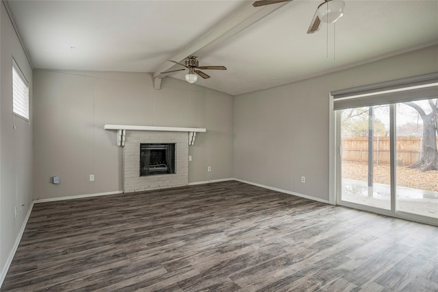 unfurnished living room featuring vaulted ceiling with beams, ceiling fan, a fireplace, and dark hardwood / wood-style flooring