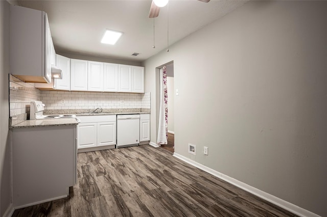 kitchen with tasteful backsplash, stove, white dishwasher, wood-type flooring, and white cabinets