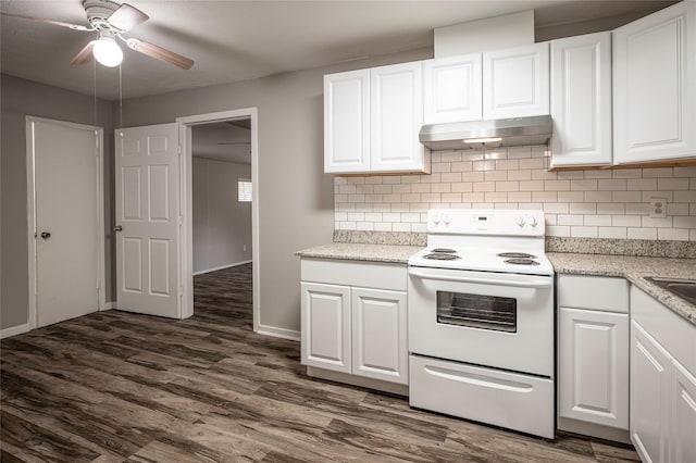 kitchen with dark hardwood / wood-style flooring, backsplash, white electric range oven, ceiling fan, and white cabinetry