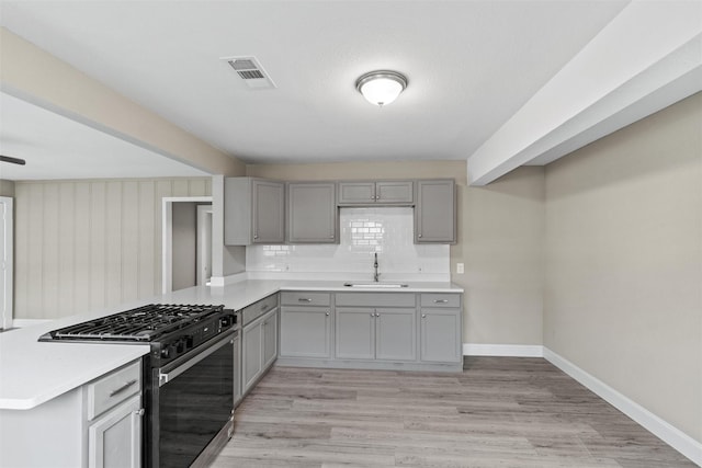 kitchen with kitchen peninsula, backsplash, gas stove, sink, and gray cabinets