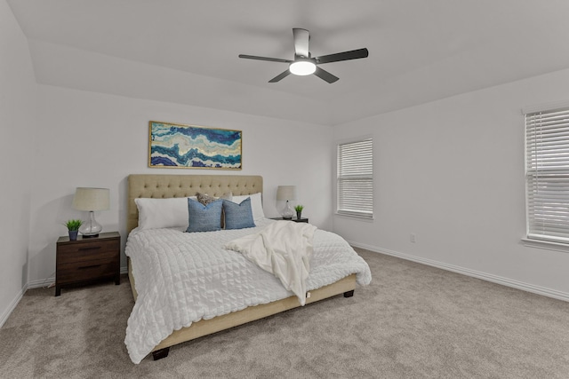 bedroom featuring carpet floors, ceiling fan, and baseboards