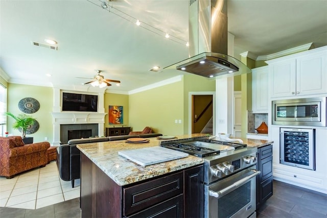 kitchen with white cabinetry, crown molding, stainless steel appliances, and island exhaust hood