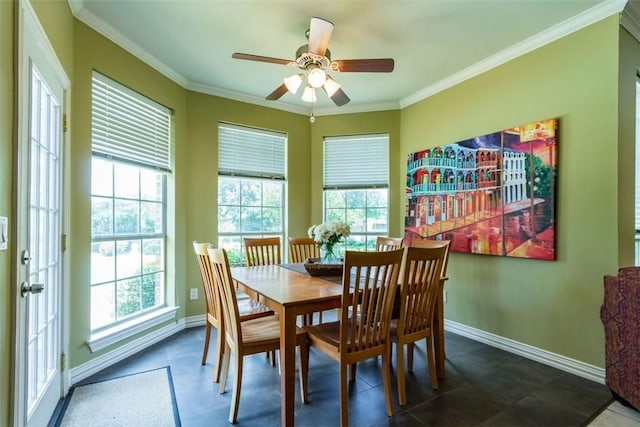 dining room featuring ornamental molding and ceiling fan