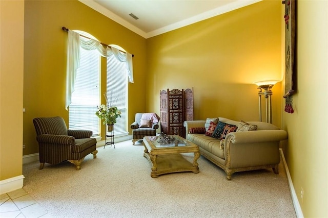 living area with ornamental molding and carpet floors