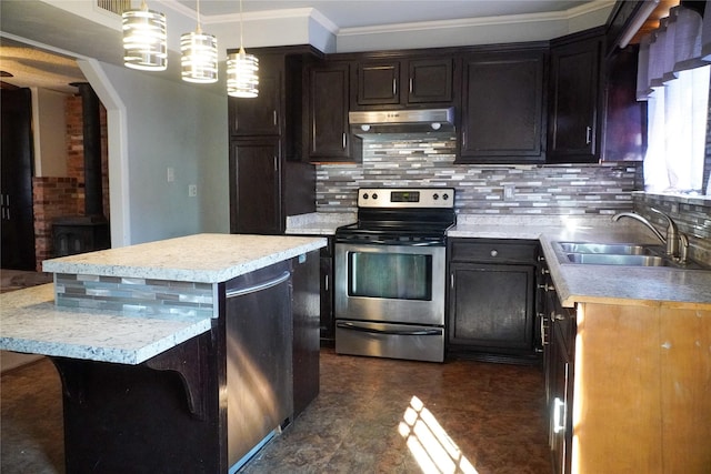 kitchen featuring sink, a kitchen island, pendant lighting, decorative backsplash, and stainless steel range with electric cooktop