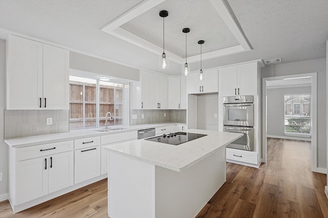 kitchen featuring appliances with stainless steel finishes, a raised ceiling, sink, a center island, and white cabinetry