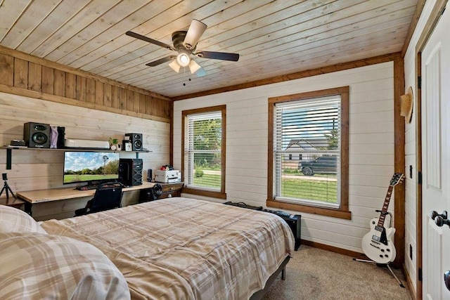 bedroom with light carpet, ceiling fan, wooden ceiling, and wood walls