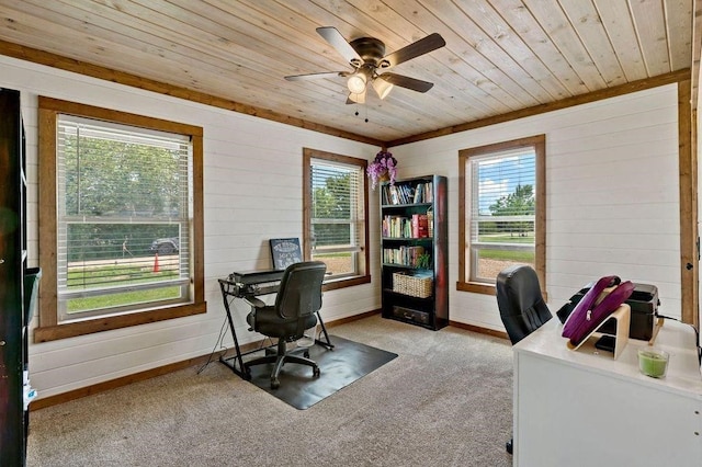 home office featuring ceiling fan, wood walls, light colored carpet, and wooden ceiling