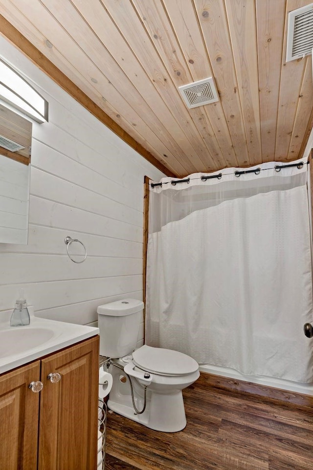 bathroom with wood walls, vanity, wooden ceiling, and wood-type flooring