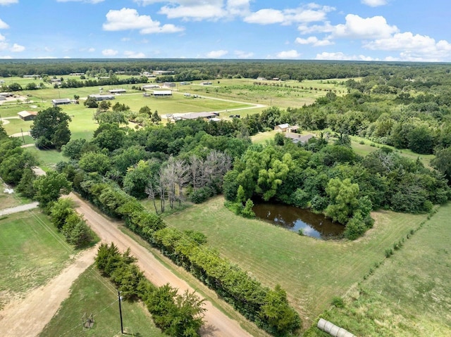 bird's eye view featuring a rural view and a water view