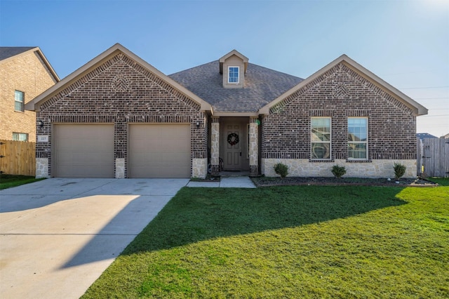 view of front of property with a front yard and a garage