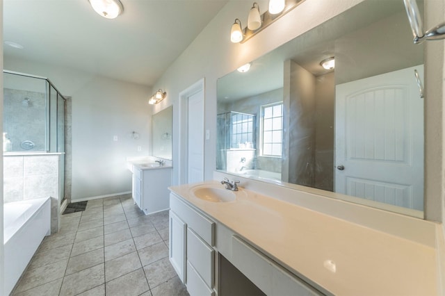 bathroom featuring tile patterned flooring, vanity, and plus walk in shower