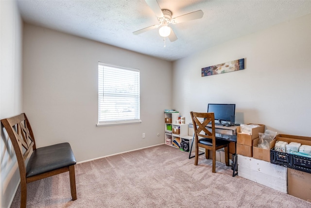 carpeted office space with ceiling fan and a textured ceiling