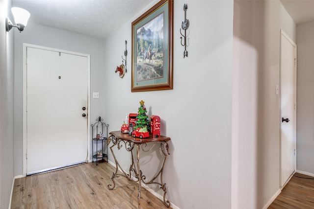 entrance foyer with a textured ceiling and light hardwood / wood-style floors