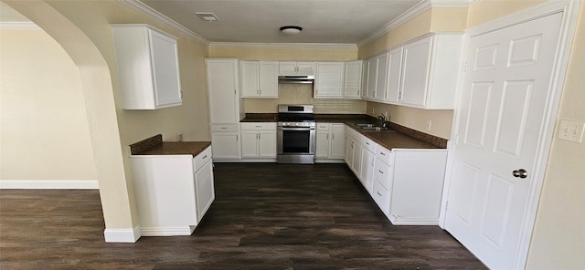 kitchen with dark hardwood / wood-style flooring, stainless steel range, white cabinets, and sink