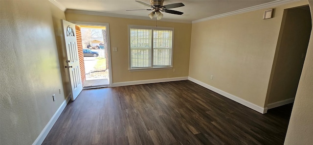 interior space featuring crown molding, ceiling fan, and dark wood-type flooring