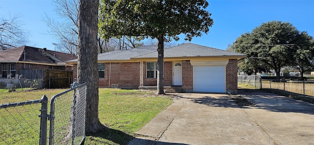 ranch-style home featuring a garage and a front yard