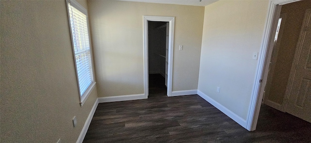 interior space with a walk in closet, a closet, and dark hardwood / wood-style floors