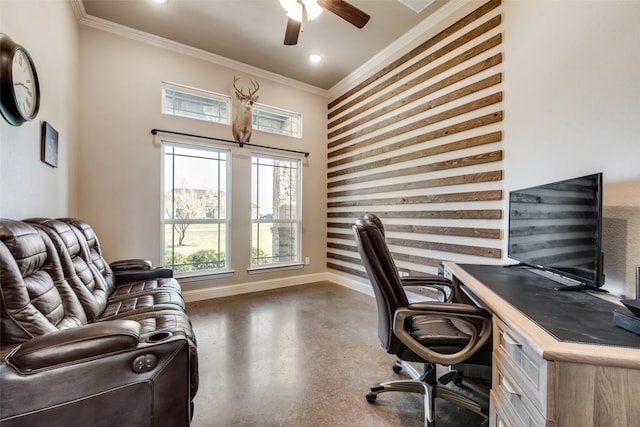 office space featuring ceiling fan and crown molding