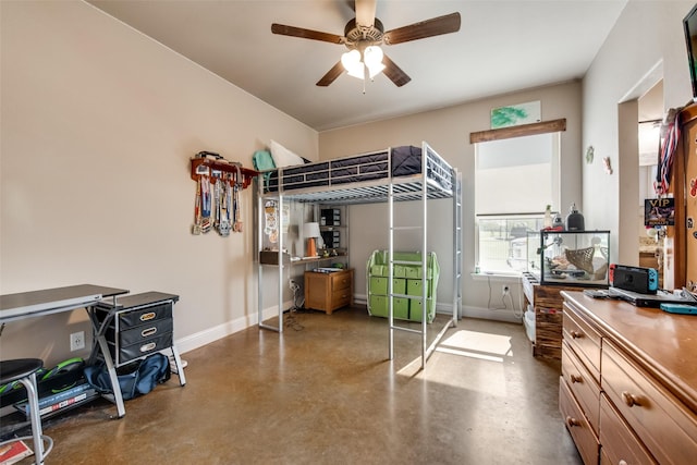 bedroom featuring concrete flooring and ceiling fan