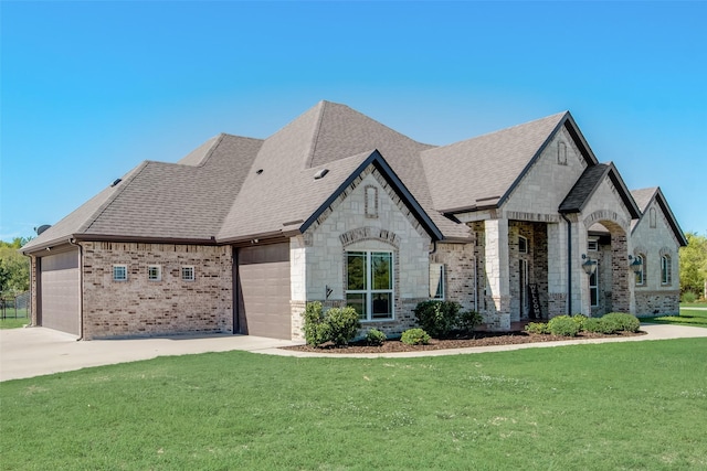 french country home with a garage and a front lawn