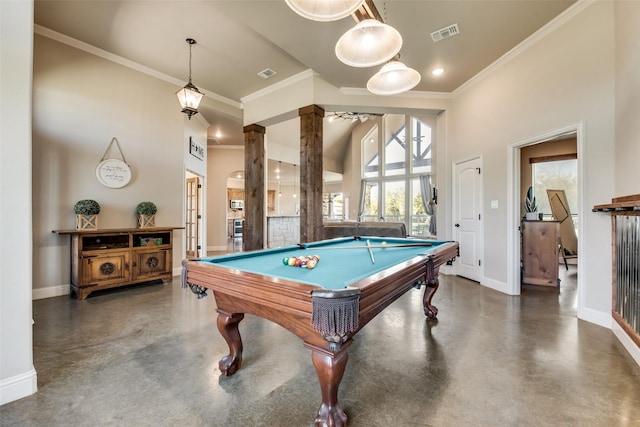 game room featuring decorative columns, crown molding, and billiards