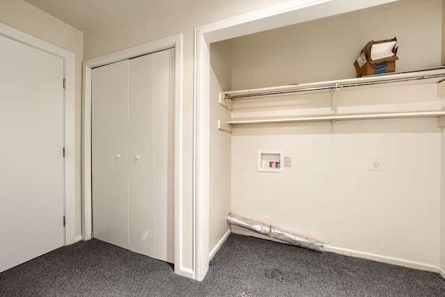 washroom featuring hookup for an electric dryer, hookup for a washing machine, and dark carpet